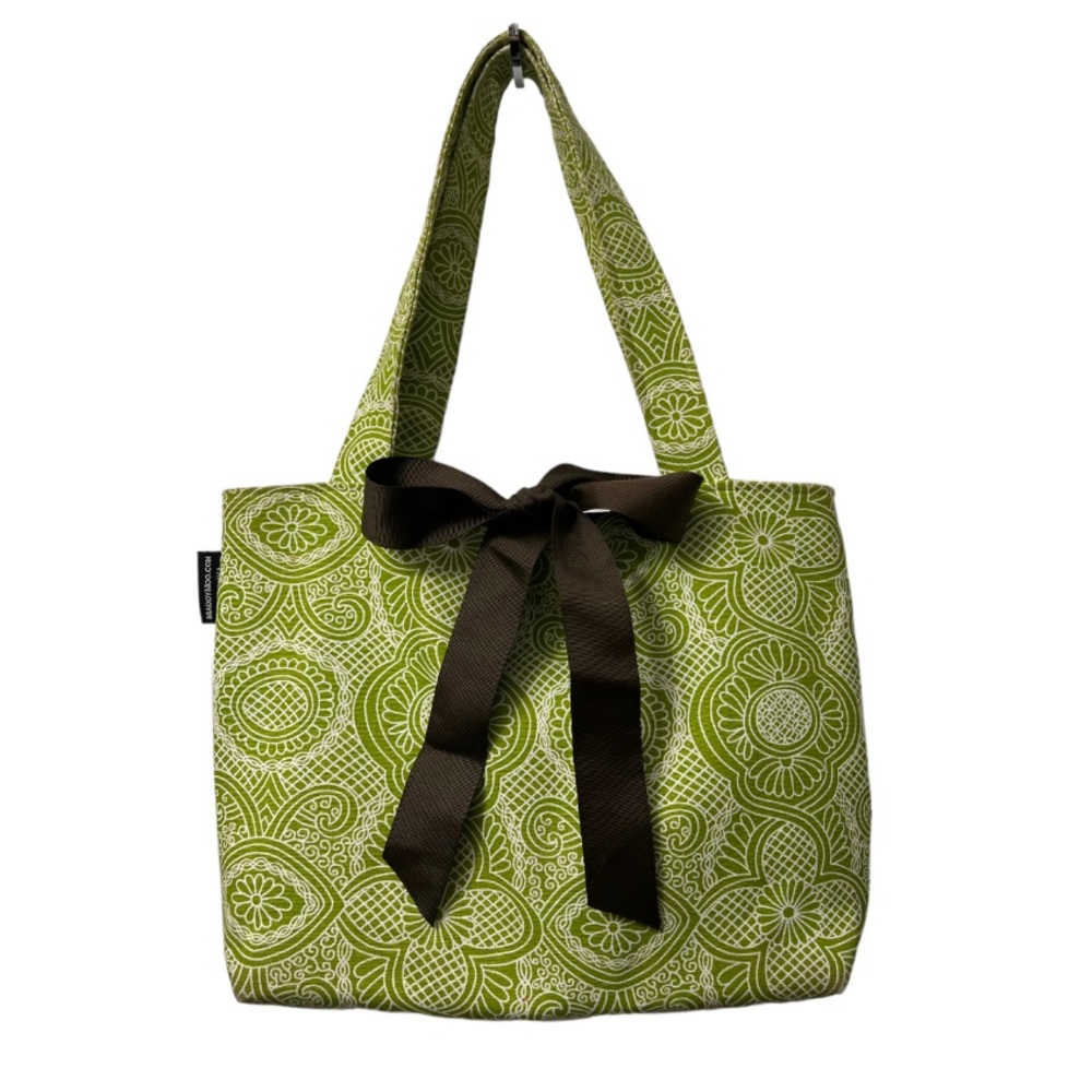 Maddy Moo Green Fabric Snap Tie Tote Bag Purse Handbag